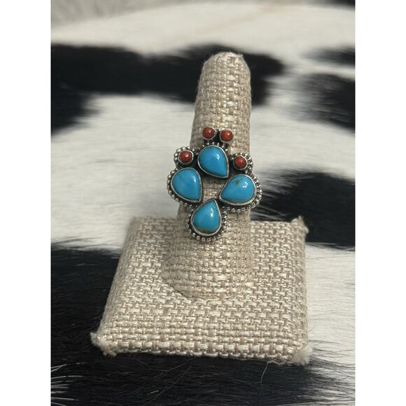 Native American Sterling Silver Blue Turquoise Red Coral Prickly Cactus Ring 9 - Picture 9 of 10